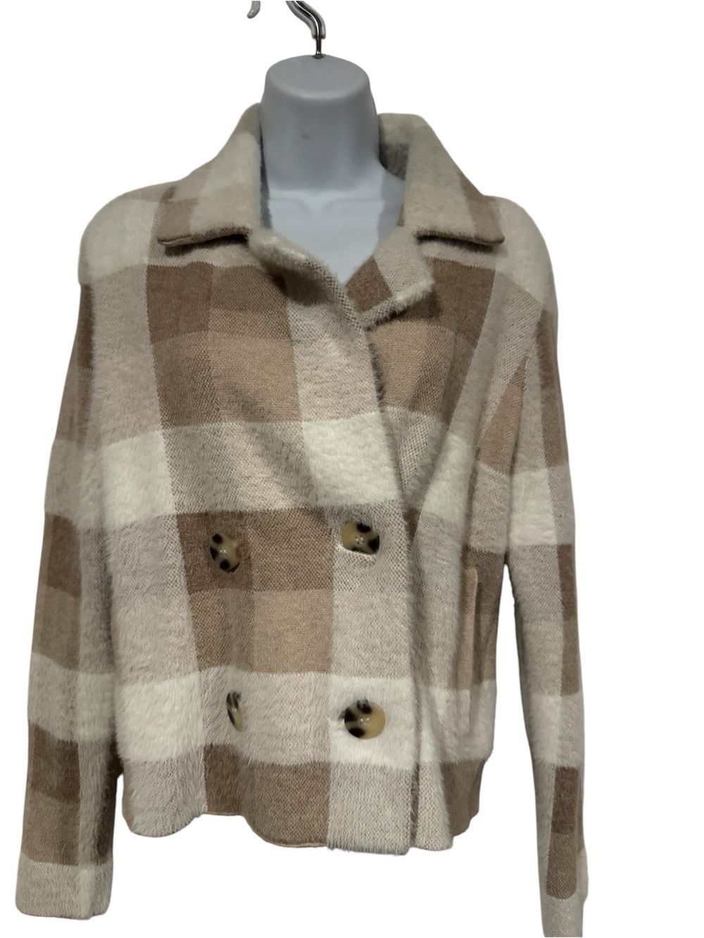 Rachel Zoe Cream and Tan Plaid Double-Breasted Peacoat